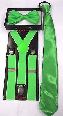 Teens GREEN Skulls Adjustable Bow Tie&Necktie+GREEN Y-Back adjustable Suspenders