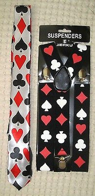 Poker Player Cards 4 Suite Adjustable Necktie and Poker 1 1/2" Suspenders-New!v8