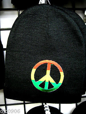 Large Rasta Red,Yellow,& Green Peace Sign Symbol on Black Hat Cap Beanie-New!!