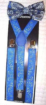 Blue Paisley Pattern Adjustable Bow Tie & Blue Paisley Y-Back Suspenders Combo