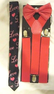 Black with White Pucker Lips Hearts Necktie,& Solid Black Y-Back Suspenders Set