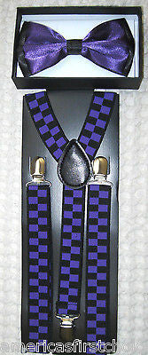 PURPLE BLACK TIPS TUXEDO ADJUSTABLE BOW TIE+PURPLE ADJUSTABLE SUSPENDERS COMBO