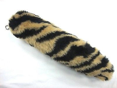 BEIGE TAN BROWN WITH BLACK STRIPES FAUX TIGER TAIL FOX TAIL KEYCHAIN 12" CLIP