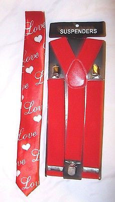 Black with Love and Hearts Necktie,& Solid Red Y-Back Suspenders Set-New!