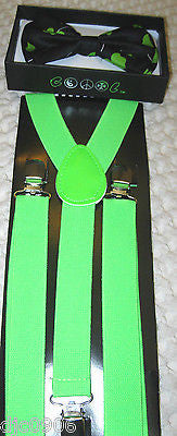 Green 4 Leaf Clovers Adjustable Bow Tie & Neon Green Adjustable Suspenders Combo