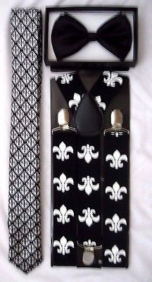 Fleur de lis Design New Orleans Saints Y-Style Back Suspenders & White Bow Tie