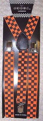 Unisex Black and Neon Orange Checkered AdjustableY-Style suspenders-New in Pkg