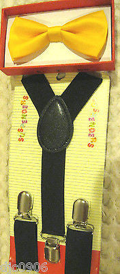 Solid Yellow Kids Boys Girls Y-Back Adjustable Bow Tie&Black Kid suspenders-New!