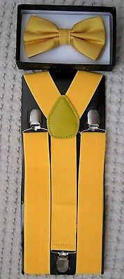 Solid Yellow Adjustable Bow Tie & WIDE Yellow Adjustable Suspenders Combo-New
