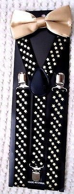 Gold Adjustable Bow Tie & Gold Stars 1" Adjustable Y-Back Suspenders Set-New!VE2