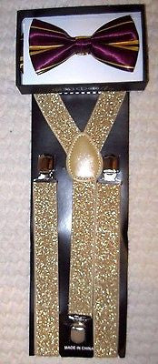 Plum Purple with Gold Stripes Bow tie & Gold Y-Back Adjustable Suspenders Set