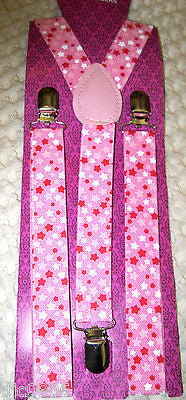 Unisex Pink with Red & White Stars Y-Style Back Adjustable suspenders-New!