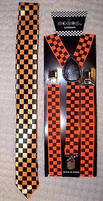 Orange & Black Checkered Necktie and Orange&Black Checkered Y-Back Suspenders-V2