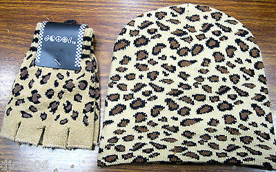 Tan Beige Leopard Animal Print Safari Beanie Ski Cap+Leopard Matching Gloves-New