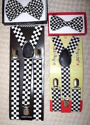 Father & Son Black & White Checkers Adjustable Bow Tie & Suspenders Combo