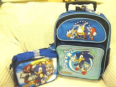 Blue Sonic the Hedgehog Rolling Backpack and Sonic,Knuckles,&Tail Lunchbox Set