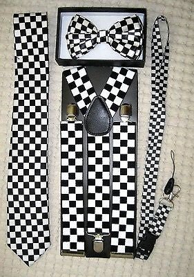 Black&White Checkers Bow tie,Necktie,Wide 1 1/2 Leopard Suspenders,&Lanyard-V2