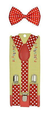 Kids Teens Red Polka Dot Adjustable Bow Tie & Matching 16"-27" Y-Back Suspenders