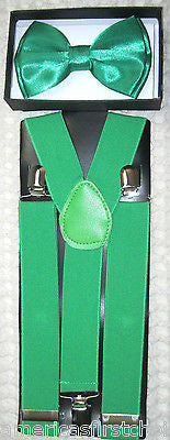 SOLID GREEN ADJUSTABLE BOW TIE+GREEN THICK WIDE ADJUSTABLE SUSPENDERS COMBO!!