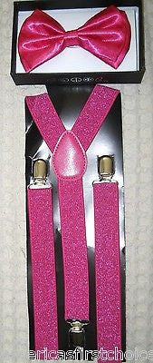 Hot Pink Adjustable Bow Tie,& Hot Pink Glittered Adjustable Suspenders Combo-New