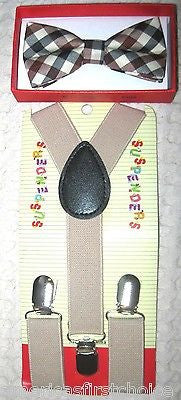 Kids Boys Brown Adjustable Bow Tie & Brown Y-Back Adjustable Suspenders-New! v1