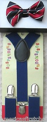 Kids Blue&Navy Blue Stripes Boys Girls Adjustable Bow Tie& Blue suspenders-New!