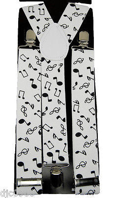 THICK  WHITE WITH BLACK MUSICAL NOTES Adjustable Y-Style Back suspenders-New!