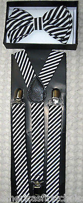 RED BLACK WHITE PLAID TUXEDO BOW TIE+ WHITE ADJUSTABLE SUSPENDERS COMBO SET