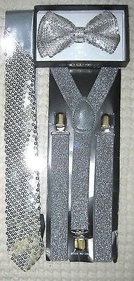 Silver Sequin Adjustable Bow Tie,Neck tie & Silver Sequin Suspenders Set-New!v4