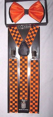 ORANGE WITH BLACK TIPS TUXEDO BOW TIE+ ORANGE CHECKERS  SUSPENDERS COMBO SET