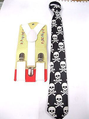 Kids Skulls & Crossbones Pre-Tied NeckTie & WHITE Adjustable Suspenders Set-New!