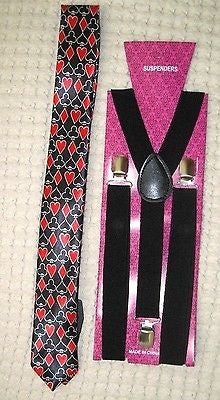 Poker Player Cards Adjustable Necktie and Black 1 " Adjustable Suspenders-v1