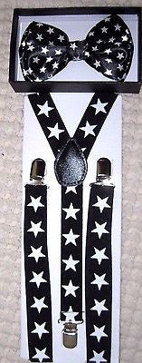 Unisex Black White Stars Adjustable Bow tie & 1" Black Adjustable Suspenders-New