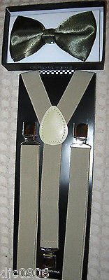 Shiny Dark Green Adjustable Bow Tie & Tan Beige Adjustable Suspenders Set-New!
