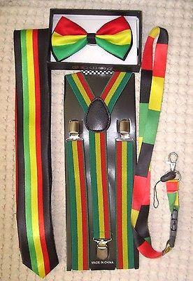 Rasta Stripes Bow Tie,Rasta NeckTie,Rasta Stripes Suspenders&Rasta Lanyard-NEW9