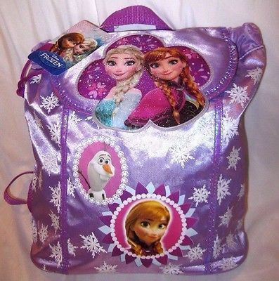 FROZEN ANNA,ELSA, AND OLAF LIGHTWEIGHT PURPLE SATIN LOOK BACKPACK TRAVEL POUCH
