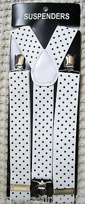 WHITE WITH BLACK POLKA DOT ADJUSTABLE WIDE 1 1/4" 1 1/2" WIDE SUSPENDERS-NEW!