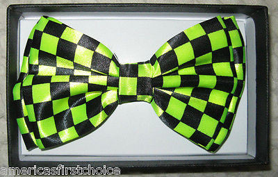 Neon Yellow Green Checkers Bow Tie & Neon Yellow Adjustable Suspenders Combo-New