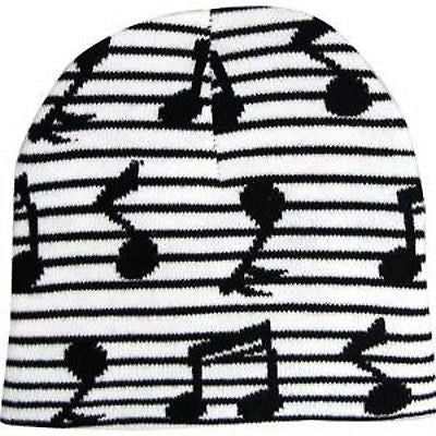 Black Musical Notes Black&White Stripes Winter Knitted Skull Beanie Ski Cap-New!