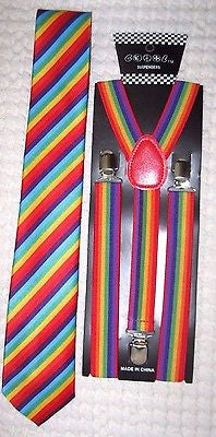 Men's Rainbow Stripes Adjustable Neck Tie & Rainbow Adjustable Y-Back Suspenders