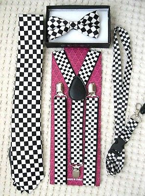 Black&White Checkers Necktie,Lanyard, & 1" Black&White Checkered Suspenders-V1