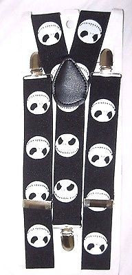 Unisex WIDE 1 1/2" BLACK WITH MULTIPLE WHITE SKULLS Y-Back suspenders-New!VERS3