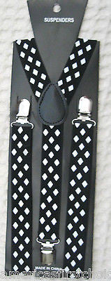 Black& White Diamonds Bow Tie & Black White Diamonds Adjustable Suspenders Set