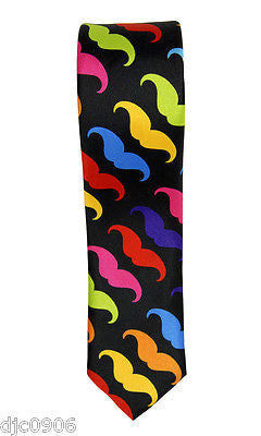 Unisex Multi Color Mustaches on a Black Neck tie 56" L x 2" W-Mustache Tie-New!