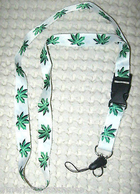 White with Green MJ Marijuana Weed Leaves 15" lanyard ID Holder + Mobile Devices