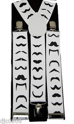 Thick 1 1/2" Black with White Mustaches Y-Style Back suspenders-New in Package