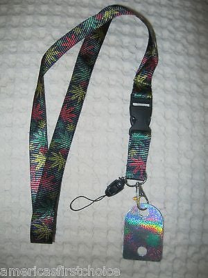 White w/ Rasta Stripes Marijuana MJ Weed Leaves 15" Lanyard ID Holder Keychain