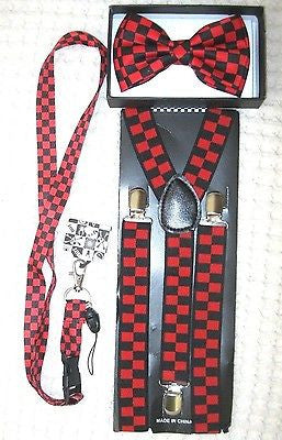 Black&Red Checkers Bow tie,Black&Red Lanyard,& 1" B&R Checkered Suspenders-v1