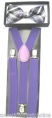 BG Purple Black PLAID Adjustable Bow tie and Light Purple Suspenders Combo-New!