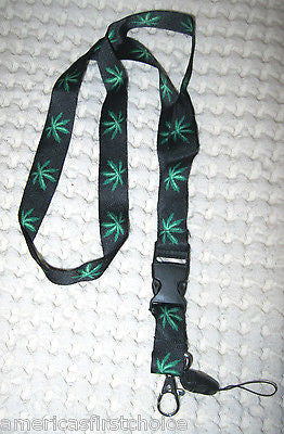 Lanyard/Landyard Black w/ Green MJ Marijuana Weed Leaves Design 15" lanyard-New!